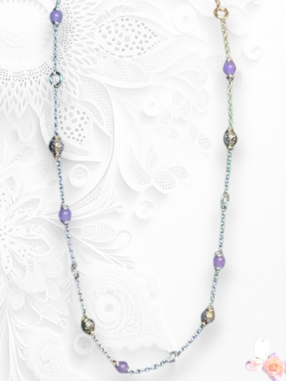 Silver Gold Purple Long Beaded Necklace Amethyst Tone Station 476